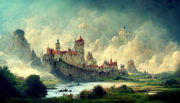 Ilustração de arte conceitual de nevoeiro de castelos de fantasia