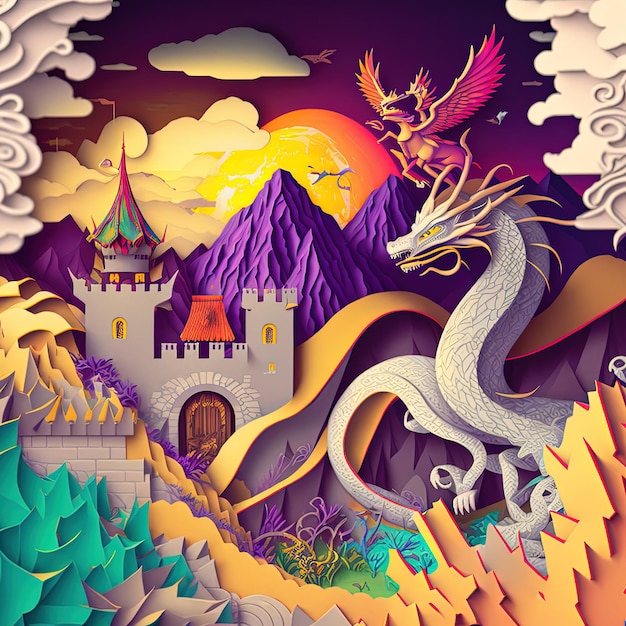 Ilustração de arte cortada em papel Idéia celestial Castelo e dragões esculpidos em papel imagem colorida multidimensional 3d profundidade ilusão
