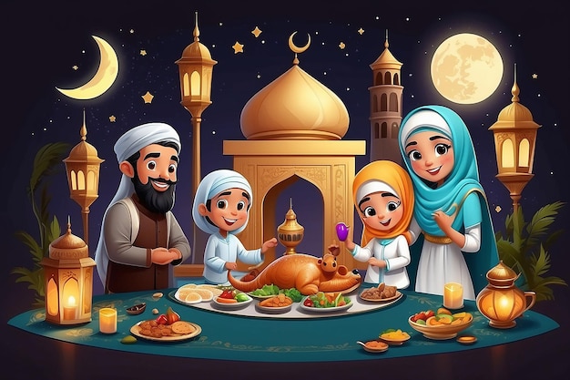 Ilustração de arte de desenho animado de Ramadã 2023 com uma família muçulmana celebrando os feriados do Ramadã e do Eid