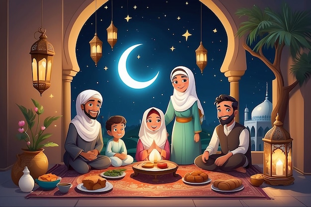 Ilustração de arte de desenho animado de Ramadã 2023 com uma família muçulmana celebrando os feriados do Ramadã e do Eid