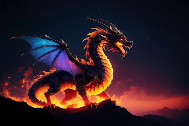Ilustração de arte de dragão colorida em fundo de fantasia escura Vibrant Neon Dragon