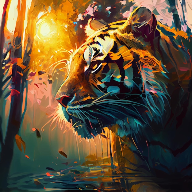 ilustração de arte de estilo gráfico de um tigre foto realista em madeiras ensolaradas