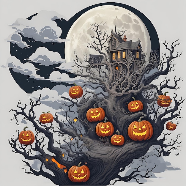 Ilustração de arte de fundo de Halloween com abóboras e casa ou nuvem malvada assombrada