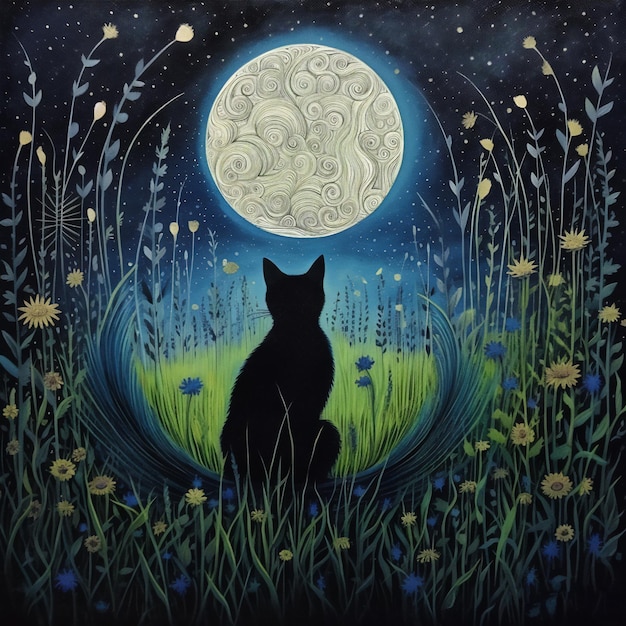 Ilustração de arte de gato preto bonito no campo