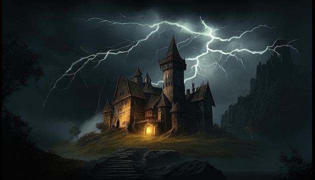 Ilustração de arte digital de castelo escuro e tempestuoso Generative AI