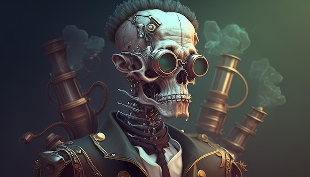 Ilustração de arte digital de cientista de caveira steampunk IA generativa