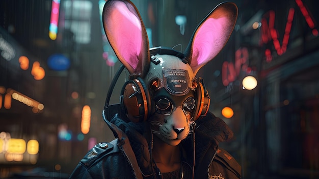 Ilustração de arte digital de coelho cyberpunk IA generativa