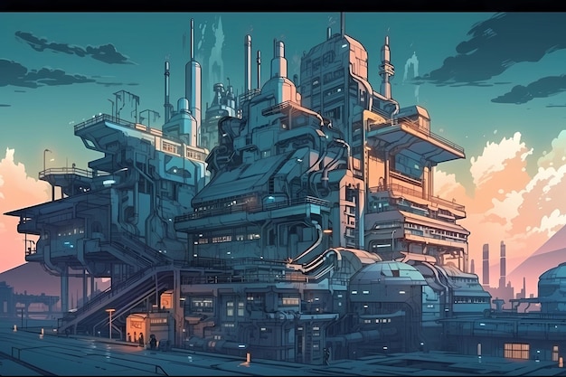 Ilustração de arte digital de estilo de arte de anime retrô de paisagem scifi