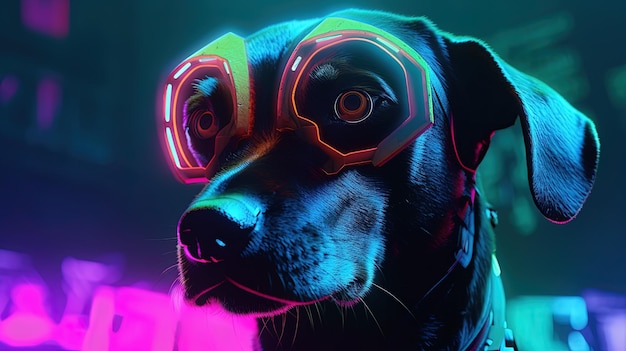 Ilustração de arte digital de retrato de cachorro cyberpunk IA generativa