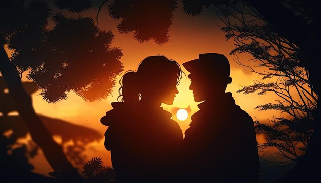 Ilustração de arte digital de romance ao pôr do sol IA generativa