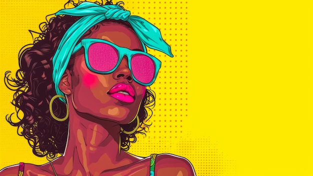 Ilustração de arte pop vintage de uma mulher afro-americana em cores vibrantes com espaço de cópia para texto