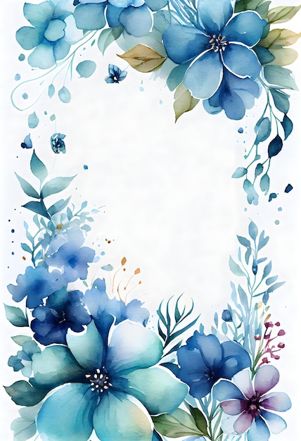 Ilustração de artigos de papelaria floral em aquarela flores de primavera azul com bordas em um fundo branco Cartão postal de flores de primavera em aquarela Generative AI