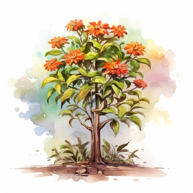 Ilustração de árvore em aquarela com flores laranja