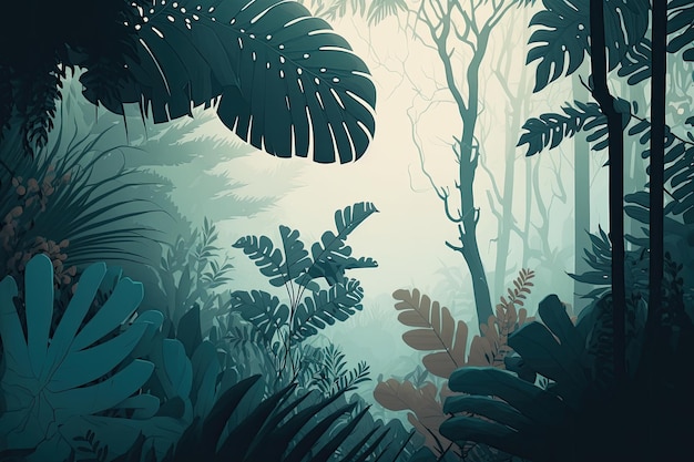 Foto ilustração de árvores tropicais e folhas em uma floresta enevoada