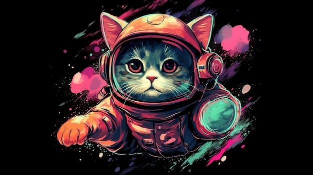 Ilustração de astronauta de gato com um gato espacial ao fundo.