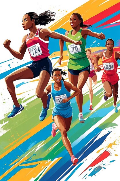 Ilustração de atletas participando de vários eventos de atletismo fornecendo um fundo branco de bandeira emocionante e colorido