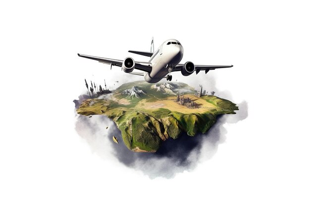 Ilustração de avião 3D isolado em fundo branco com paisagem