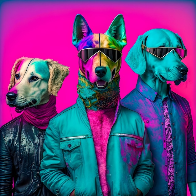 Ilustração de banda de música de cães na moda, pop retrô e padrão coroful, animal antropomórfico