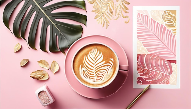 Ilustração de bebida quente delicioso café cappuccino lindo com arte em uma xícara com flores generative ai