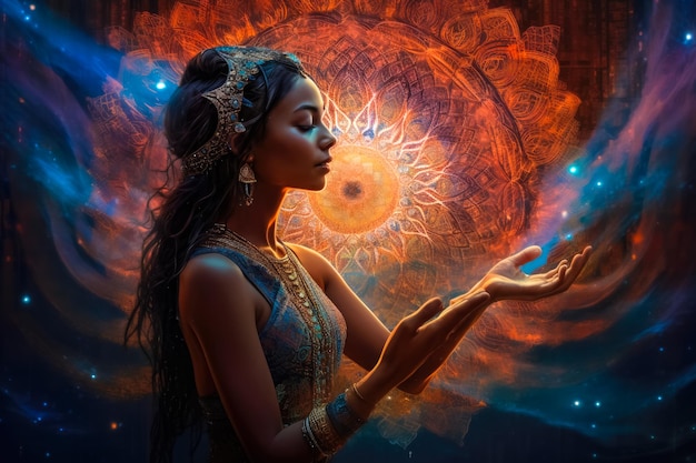 Ilustração de bela jovem mulher indiana meditação em brilho esotérico fundo generativo ai