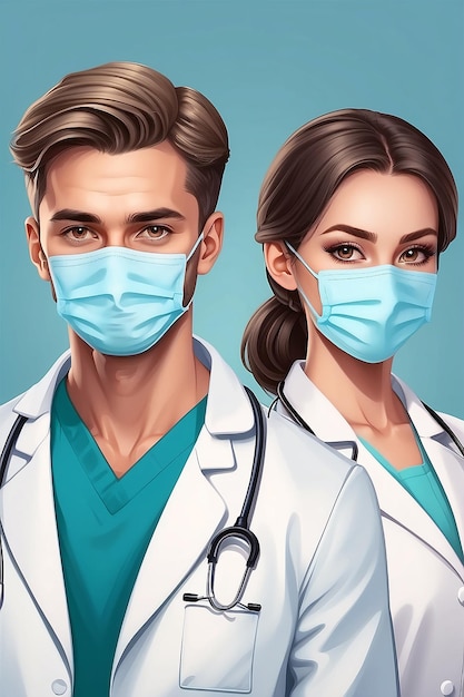 Ilustração de belos jovens médicos masculinos e femininos usando máscaras e luvas