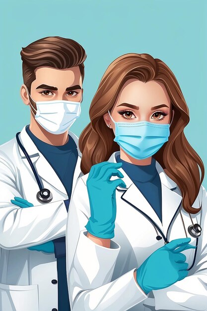 Ilustração de belos jovens médicos masculinos e femininos usando máscaras e luvas