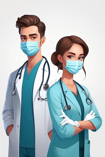 Ilustração de belos jovens médicos masculinos e femininos usando máscaras e luvas