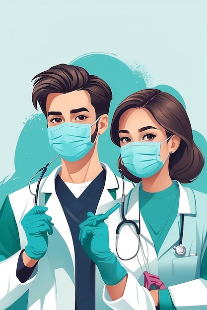 Ilustração de belos jovens médicos masculinos e femininos usando máscaras e luvas