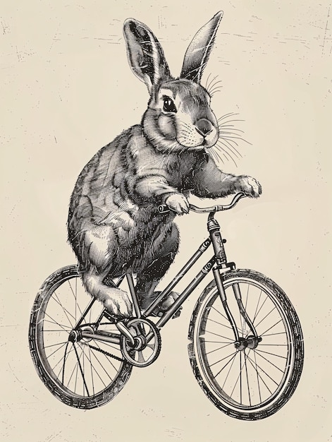 Ilustração de bicicleta desenhada à mão vintage com um coelho em um estilo de gravura