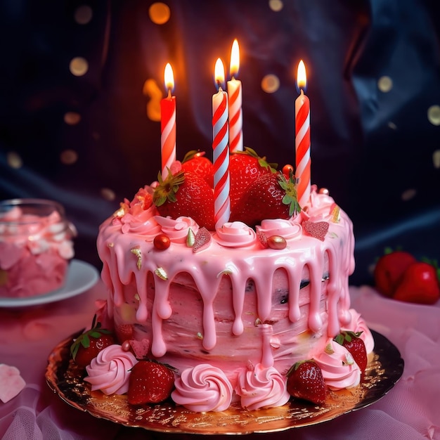 Ilustração de bolo de aniversário de morango rosa AI GenerativexA