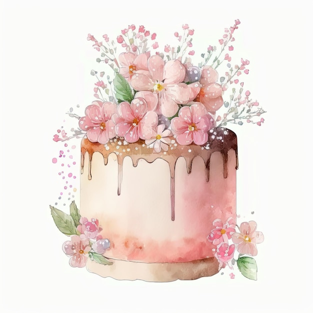 Ilustração de bolo de aniversário em aquarela AI Generative