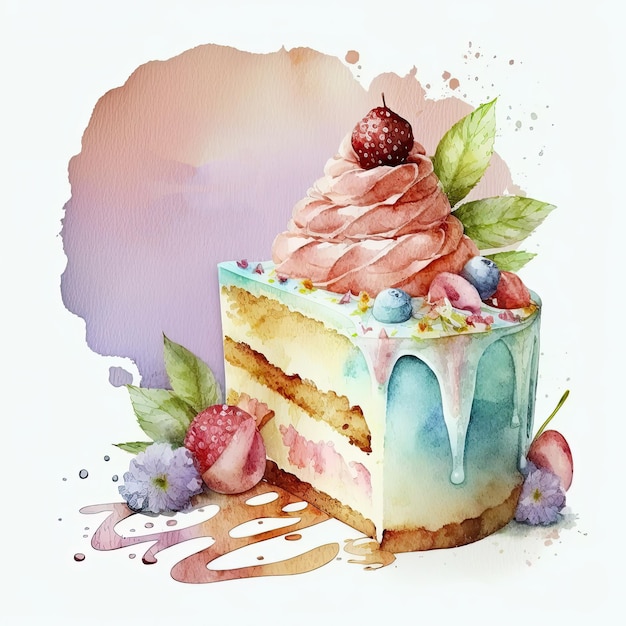 Ilustração de bolo de aniversário em aquarela AI Generative