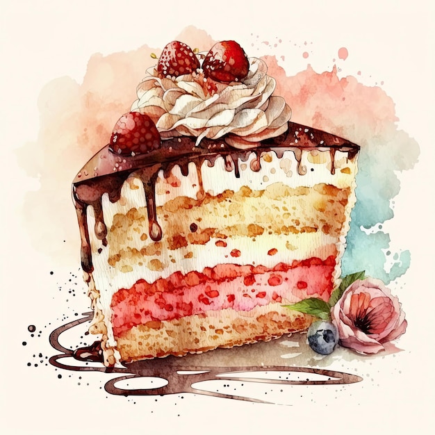 Ilustração de bolo de aniversário em aquarela AI Generative