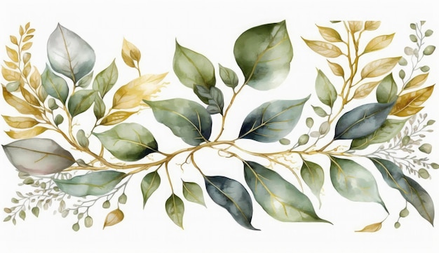 Ilustração de borda sem costura em aquarela com folhas de ouro verde e galhos para saudações estacionárias de casamento papéis de parede fundos de moda texturas DIY wrappers cartões Gerar Ai