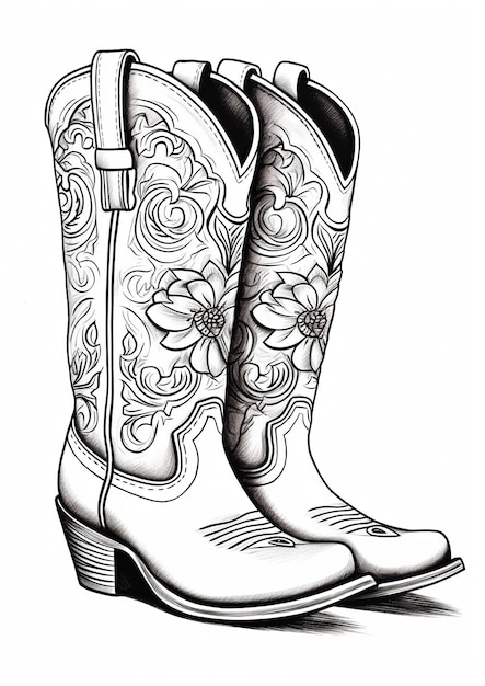 Foto ilustração de botas de caubói esboço atemporal em arte de pôster em preto e branco generativa ai