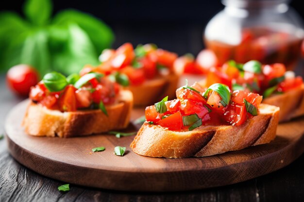 Foto ilustração de bruschetta saborosa com tomate e manjericão generative ai