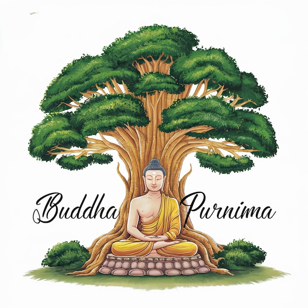 Ilustração de Buddha Purnima Vesak Day Gautam Buddha sentado sob a árvore bodhi isolado em fundo branco