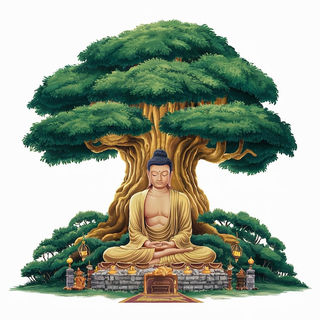 Ilustração de Buddha Purnima Vesak Day Gautam Buddha sentado sob a árvore bodhi isolado em fundo branco