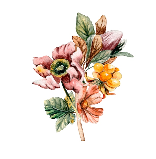 Ilustração de buquê de flores de outono em aquarela para fundos de cartões