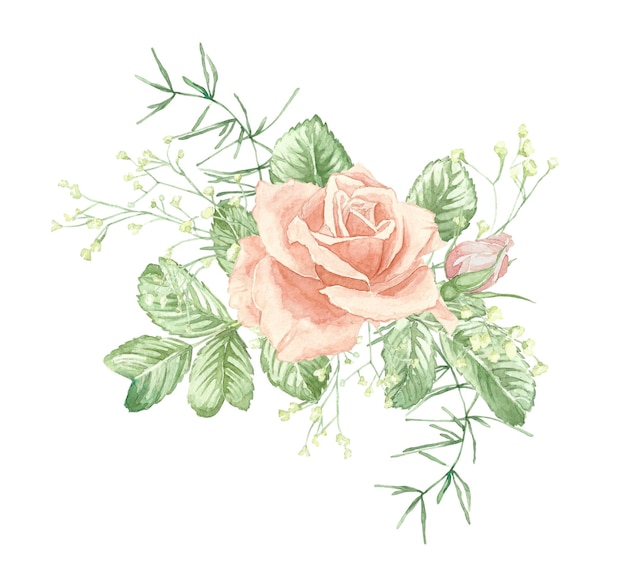 Ilustração de buquê floral aquarela com rosa laranja e folhas verdes