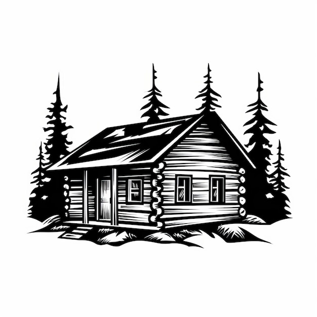 Ilustração de cabana de madeira em preto e branco em negrito Arte vetorial limpa