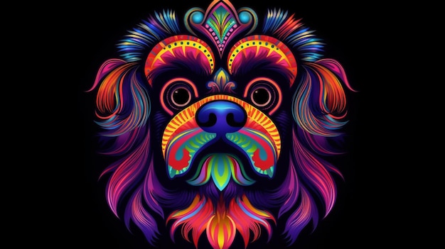 ilustração de cabeça de cachorro pequinês estilo néon colorido em Generative AI