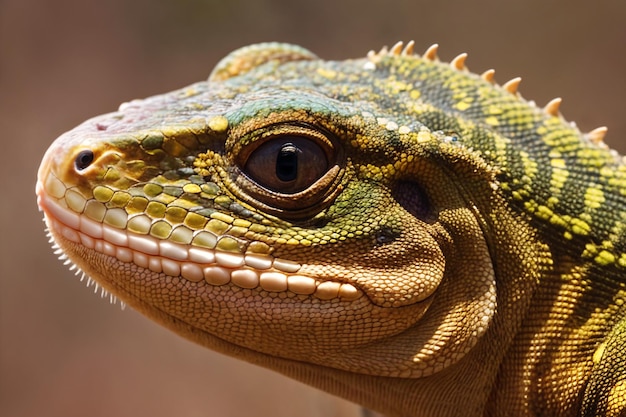 Ilustração de cabeça de lagarto aproximada com réptil entre a natureza selvagem Generative AI