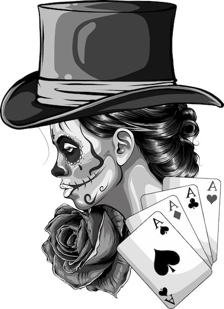 Ilustração de cabeça de mulher com ases de póquer e rosa