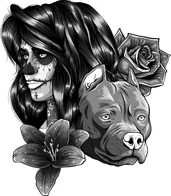 Foto ilustração de cabeça womna com flor e cão