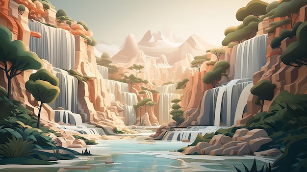 Ilustração de cachoeira atração natural águas fluentes beleza cênica paisagens pitorescas geradas por IA