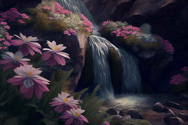 Ilustração de cachoeira com flores em flor AI