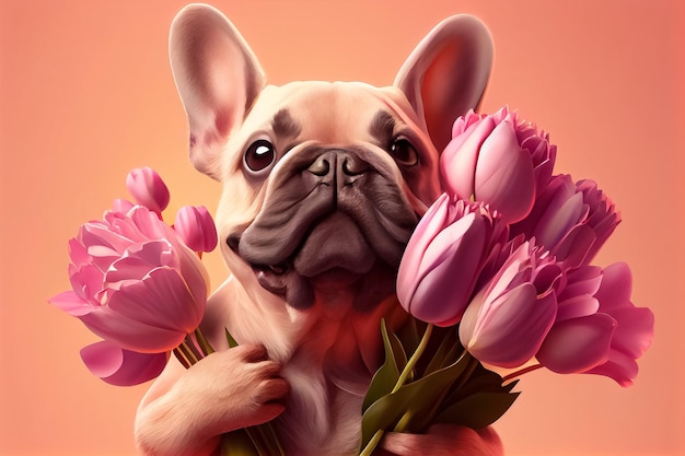 Ilustração de cachorro fofo dando flores em fundo rosa AI