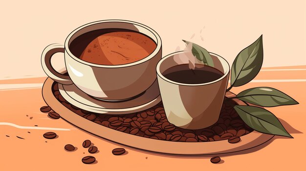 Foto ilustração de café e grãos de café em uma bandeja