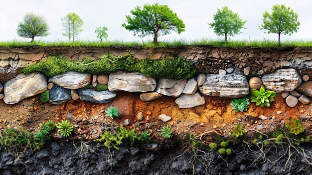 Foto ilustração de camadas verticais de solo com relva verde e estratos subterrâneos de minerais naturais areia e lama apresentados em visão isométrica